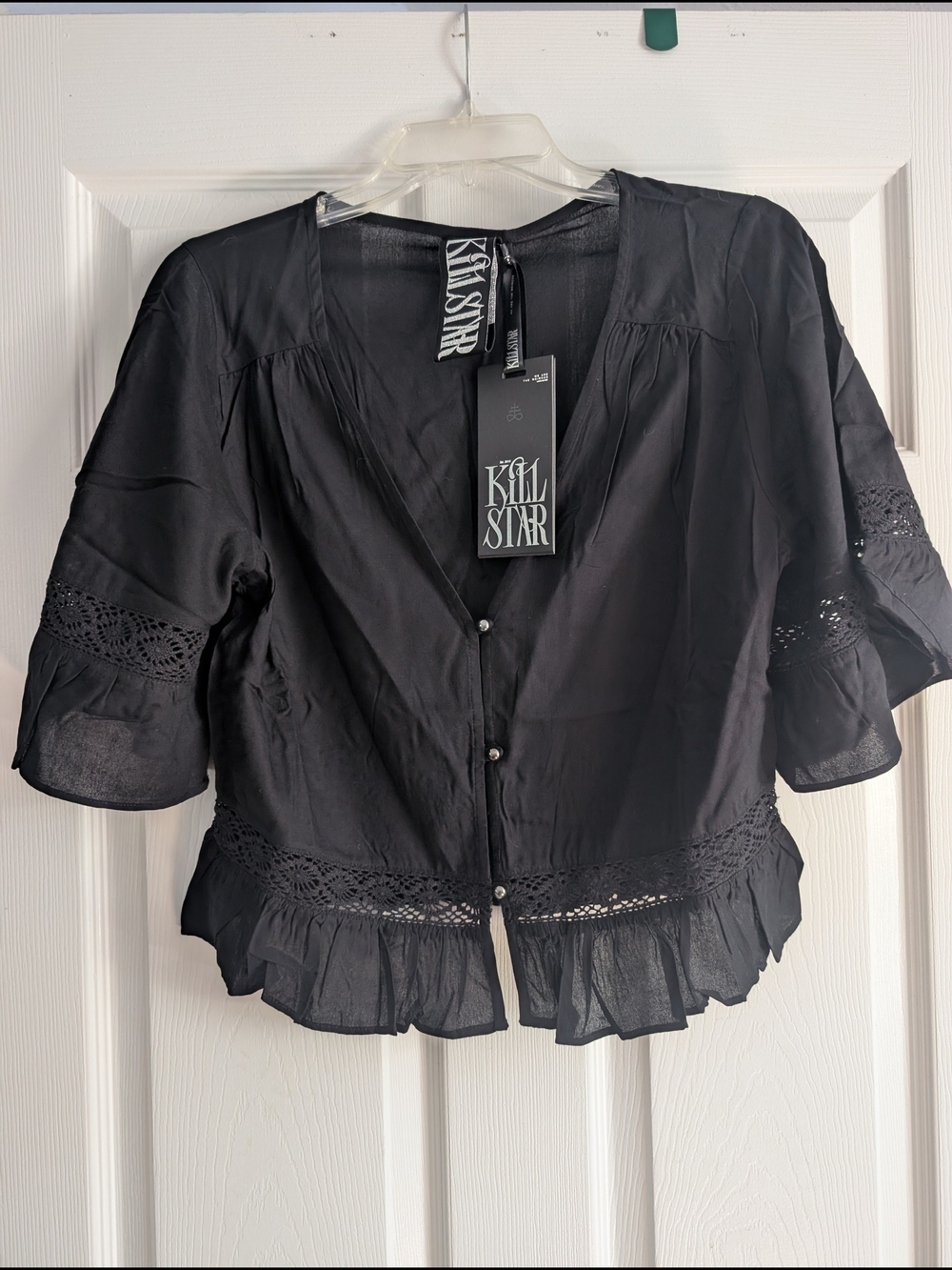 Killstar Black Lace-Trim Peplum Button Top